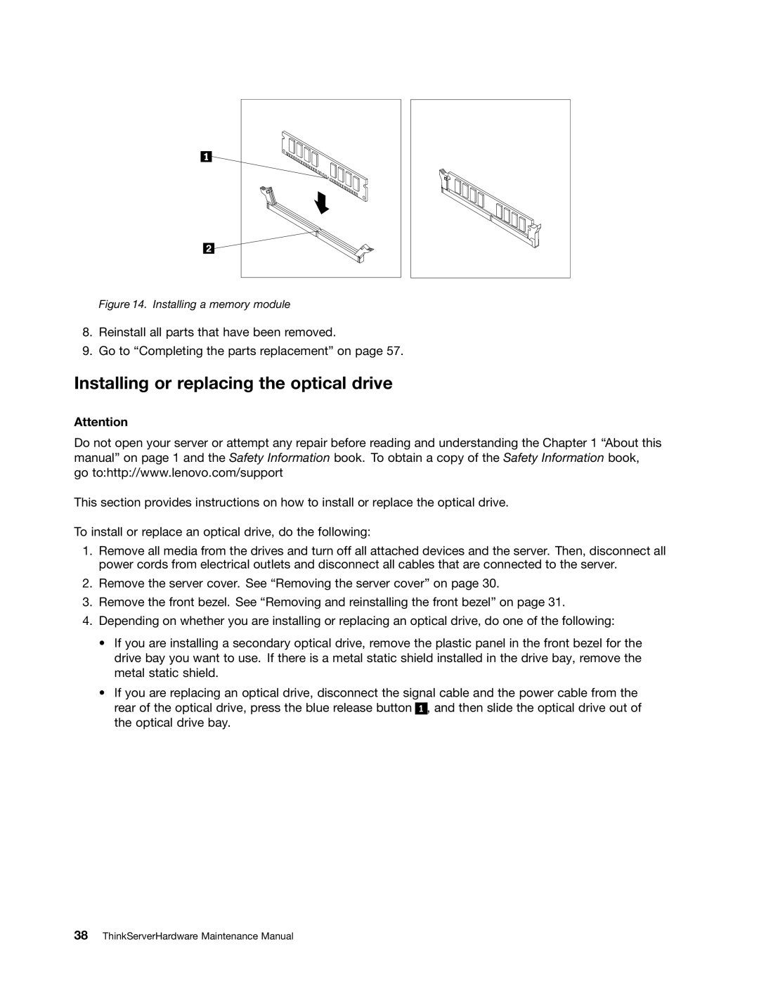 Lenovo 992, 981, 1008, 1010 manual Installing or replacing the optical drive, Installing a memory module 