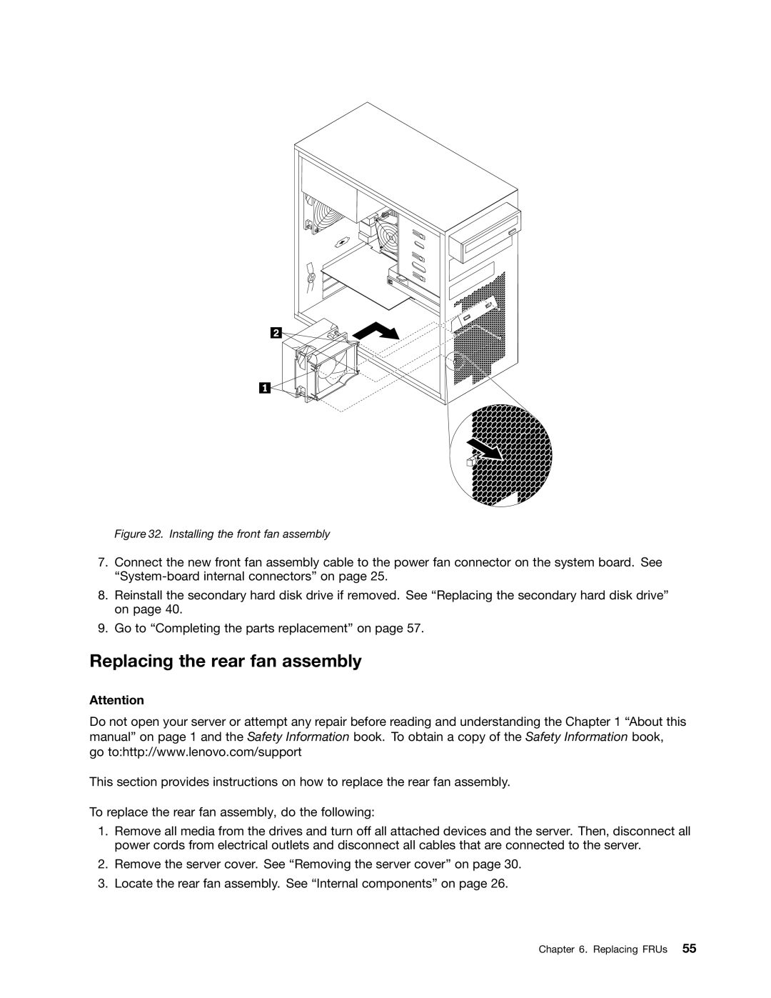 Lenovo 981, 992, 1008, 1010 manual Replacing the rear fan assembly, Installing the front fan assembly 