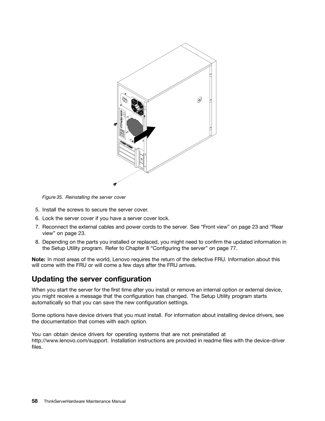 Lenovo 992, 981, 1008, 1010 manual Updating the server configuration, Reinstalling the server cover 