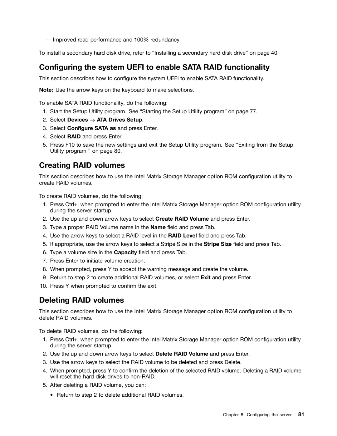 Lenovo 1010, 992, 981, 1008 manual Creating RAID volumes, Deleting RAID volumes 