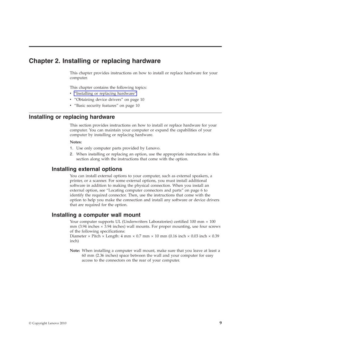 Lenovo 1165, 994, 401, 1186 Installing or replacing hardware, Installing external options, Installing a computer wall mount 