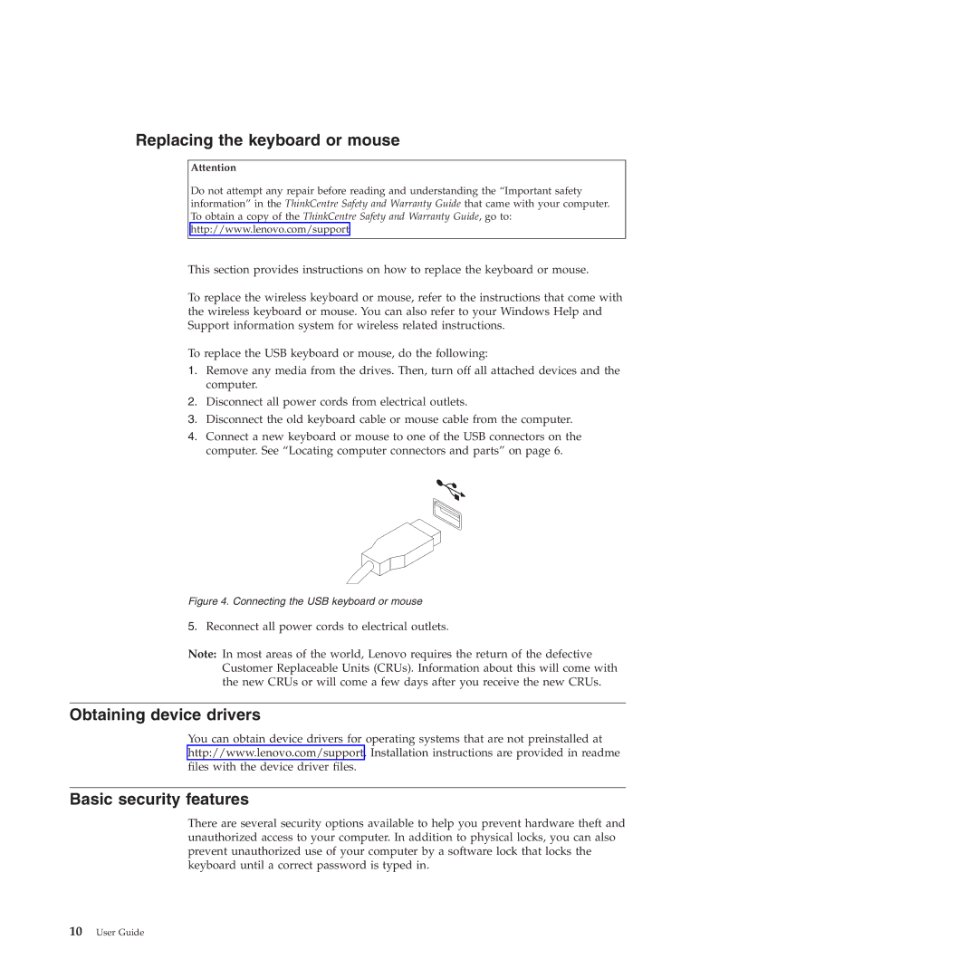 Lenovo 994, 401, 1186, 1184, 2565, 1165 manual Replacing the keyboard or mouse, Obtaining device drivers Basic security features 