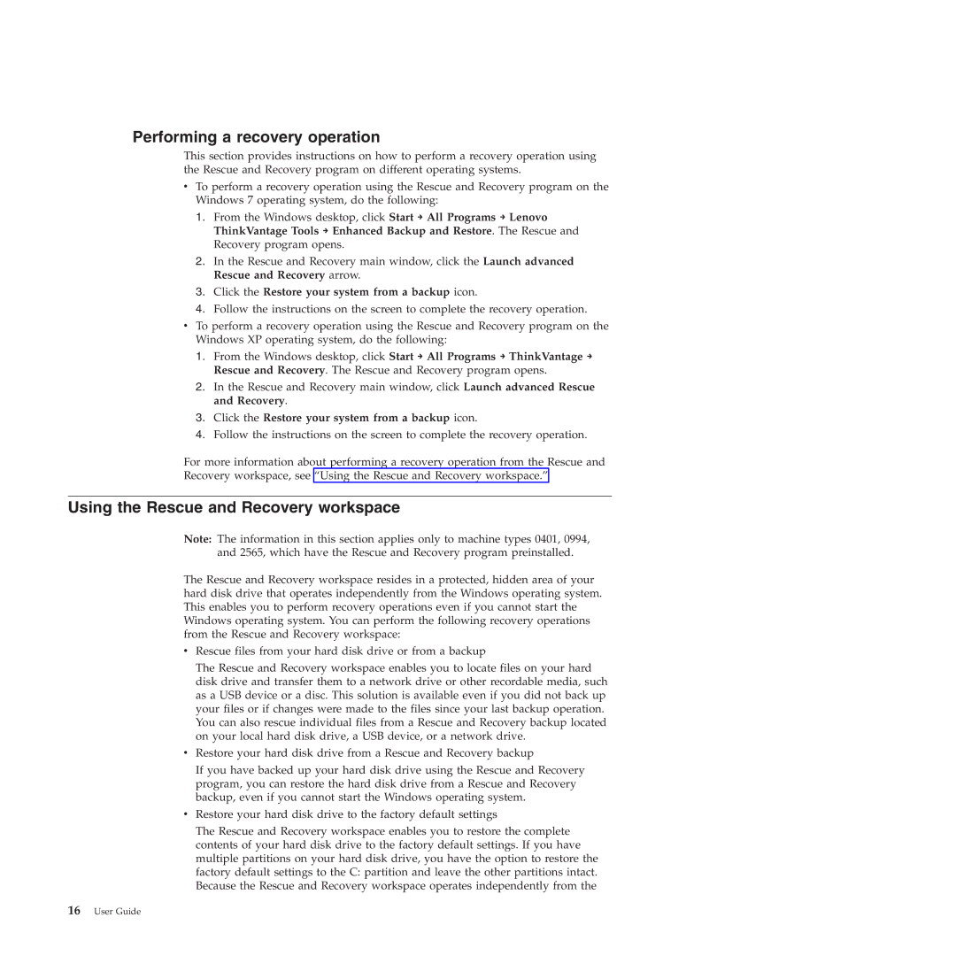 Lenovo 994, 401, 1186, 1184, 2565, 1165 manual Performing a recovery operation, Using the Rescue and Recovery workspace 