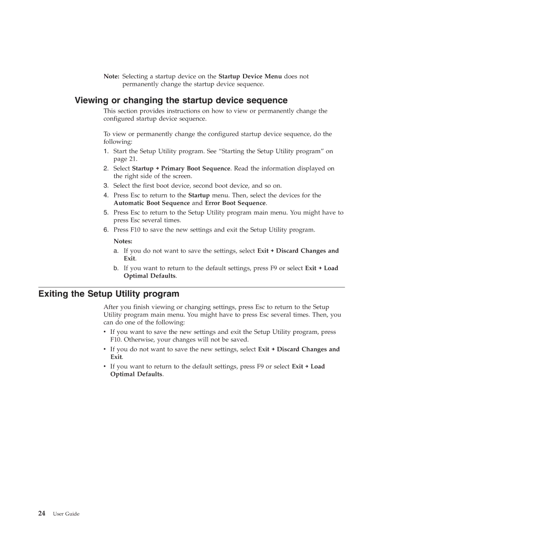 Lenovo 1186, 994, 401, 1184, 2565, 1165 Viewing or changing the startup device sequence, Exiting the Setup Utility program 
