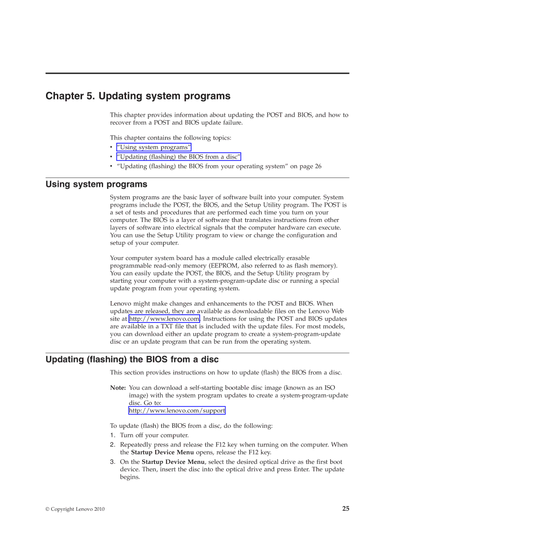 Lenovo 1184, 994, 401, 1186, 2565 Updating system programs, Using system programs, Updating flashing the Bios from a disc 