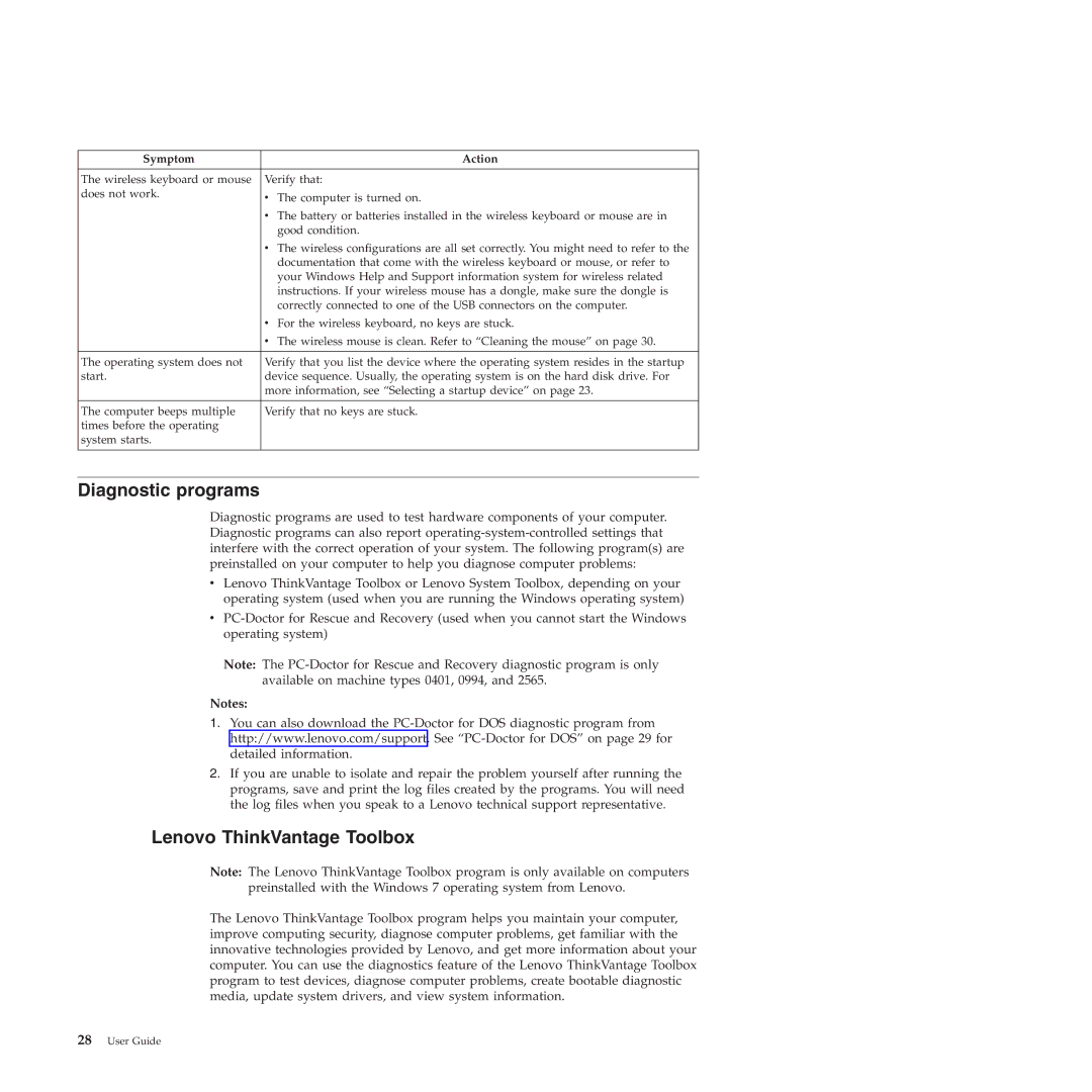 Lenovo 994, 401, 1186, 1184, 2565, 1165 manual Diagnostic programs, Lenovo ThinkVantage Toolbox 