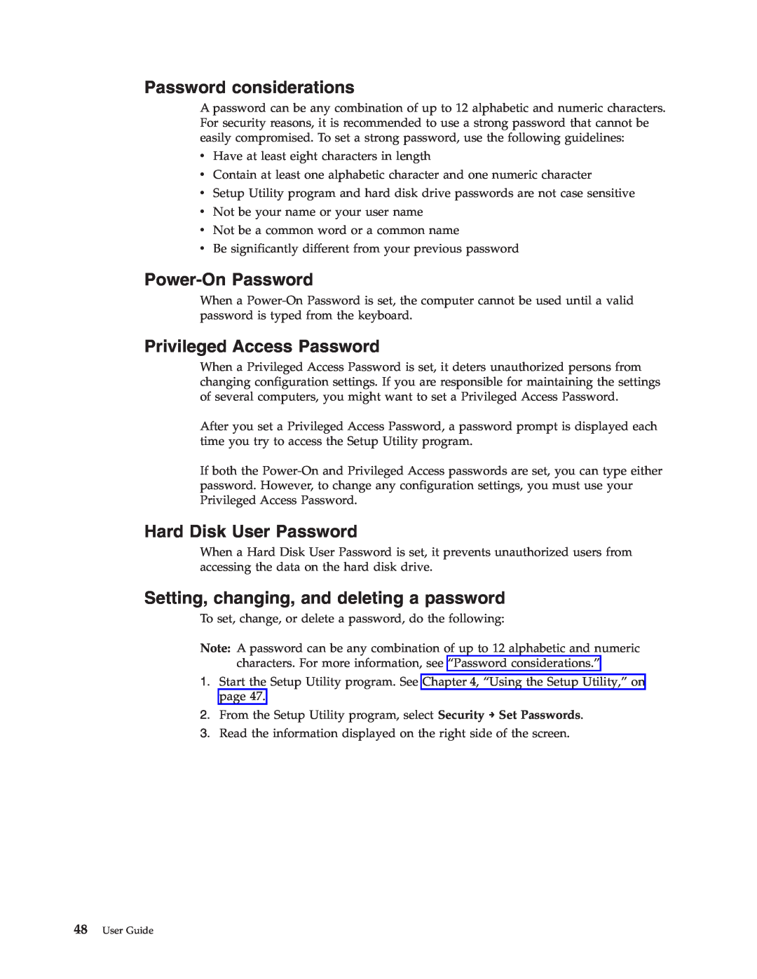 Lenovo 3379, 9964, 6137, 7638 Password considerations, Power-OnPassword, Privileged Access Password, Hard Disk User Password 