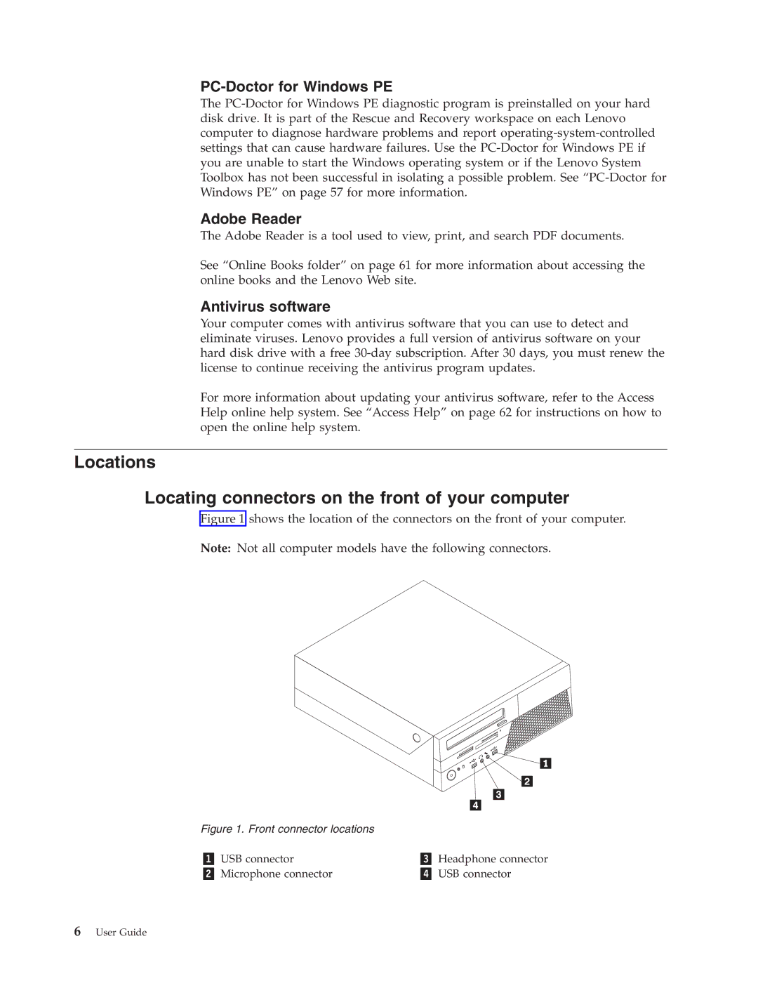 Lenovo 7346, 9964, 6137, 7638, 8910 Locations Locating connectors on the front of your computer, PC-Doctor for Windows PE 