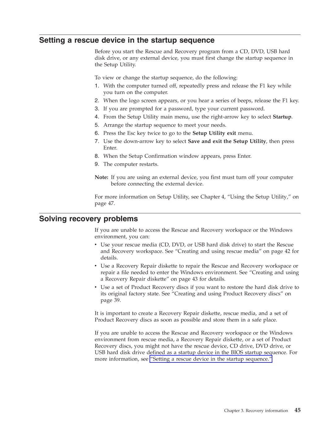 Lenovo 6258, 9964, 6137, 7638, 8910, 7627, 7630, 7360 Setting a rescue device in the startup sequence, Solving recovery problems 