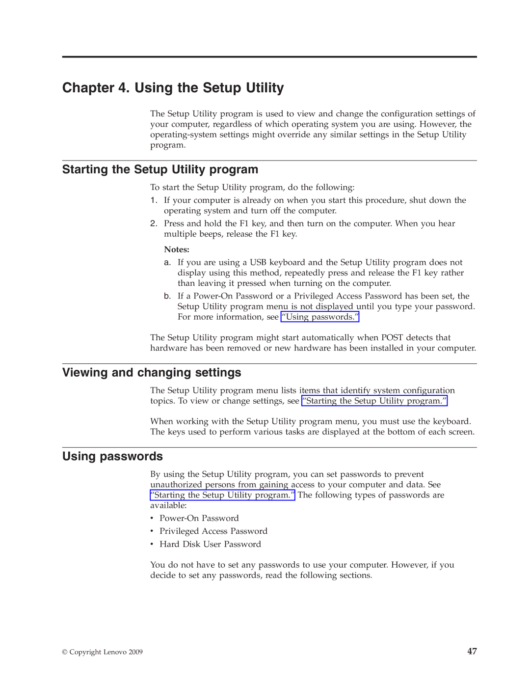 Lenovo 5897 Using the Setup Utility, Starting the Setup Utility program, Viewing and changing settings, Using passwords 