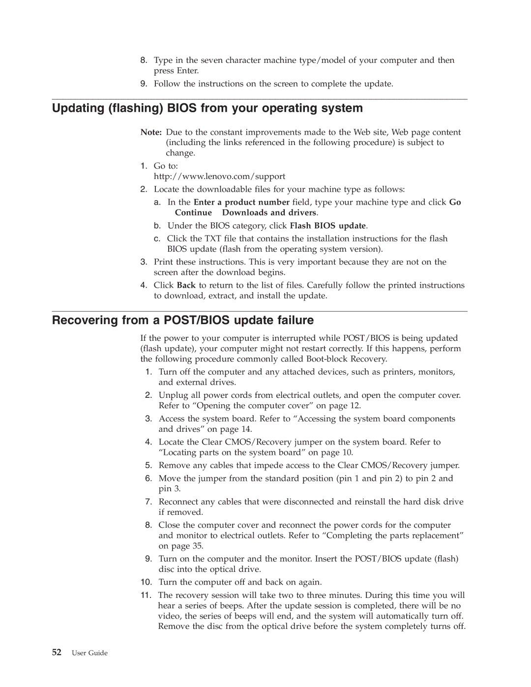 Lenovo 8910, 9964, 6137, 7638 Updating flashing Bios from your operating system, Recovering from a POST/BIOS update failure 