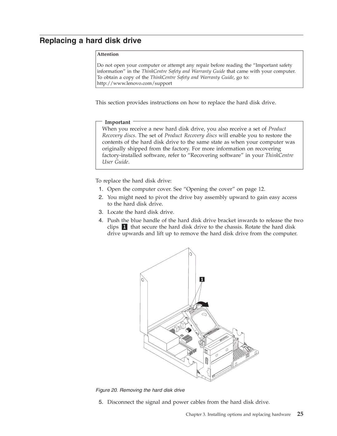 Lenovo 7627, 9964, 6137, 8910, 7630, 7360, 7483, 7357, 7354, 7220, 7174 Replacing a hard disk drive, Removing the hard disk drive 