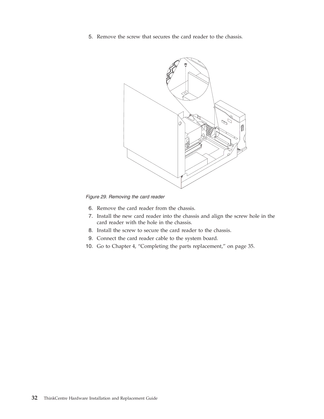 Lenovo 7174, 9964, 6137, 8910, 7627, 7630, 7360, 7483, 7357, 7354 Remove the screw that secures the card reader to the chassis 