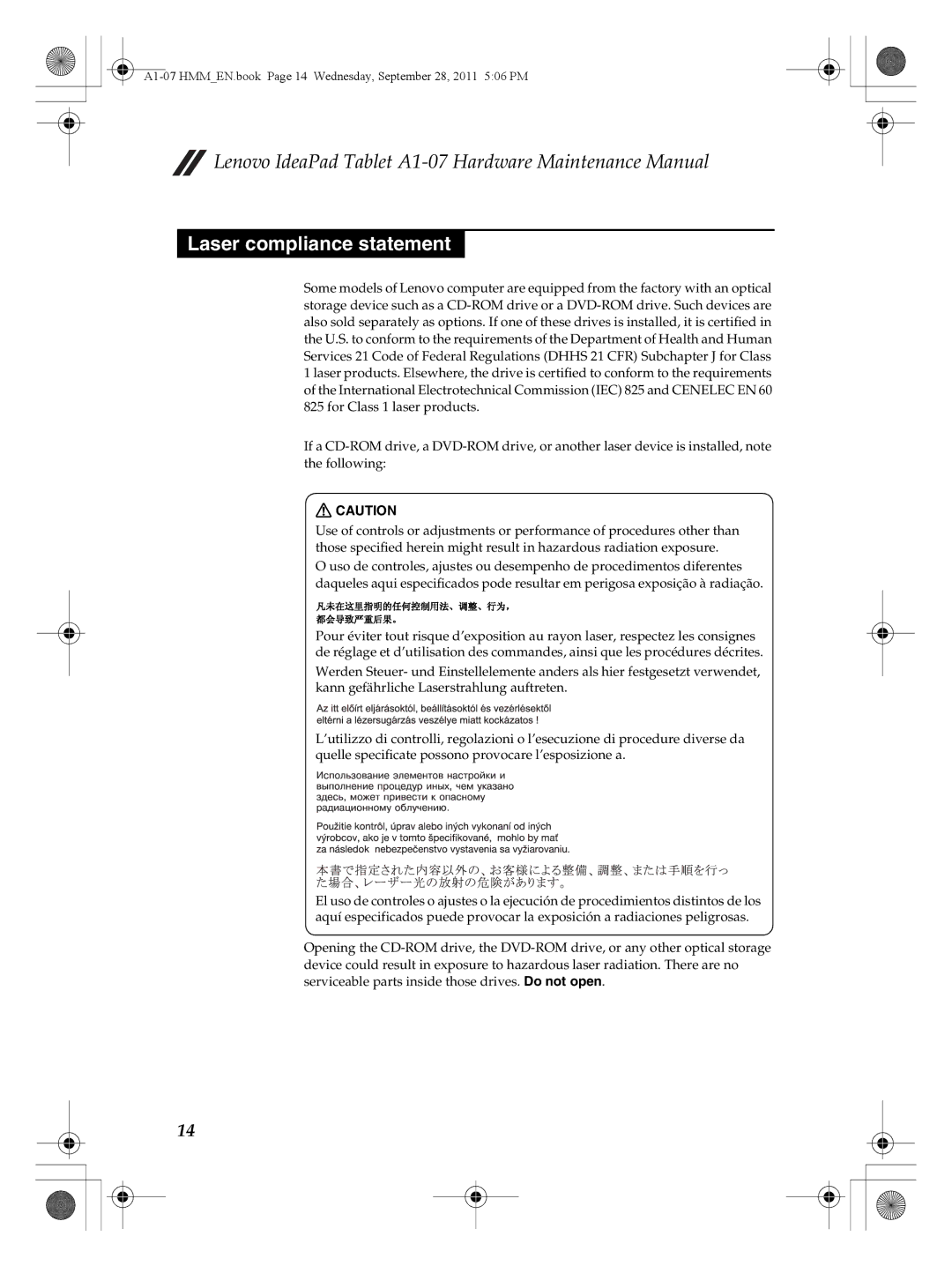 Lenovo A1-07 manual Laser compliance statement 