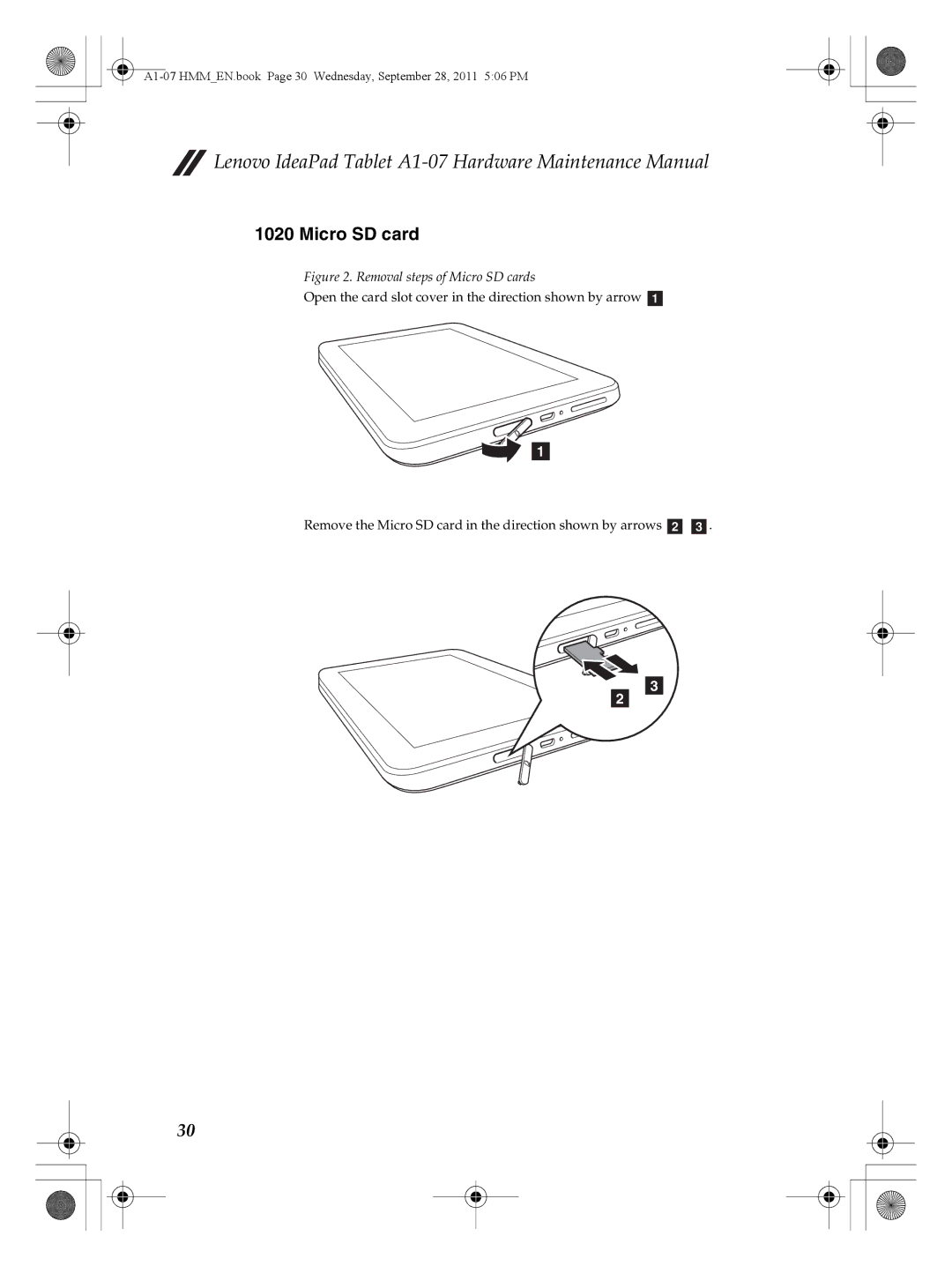 Lenovo A1-07 manual Removal steps of Micro SD cards 