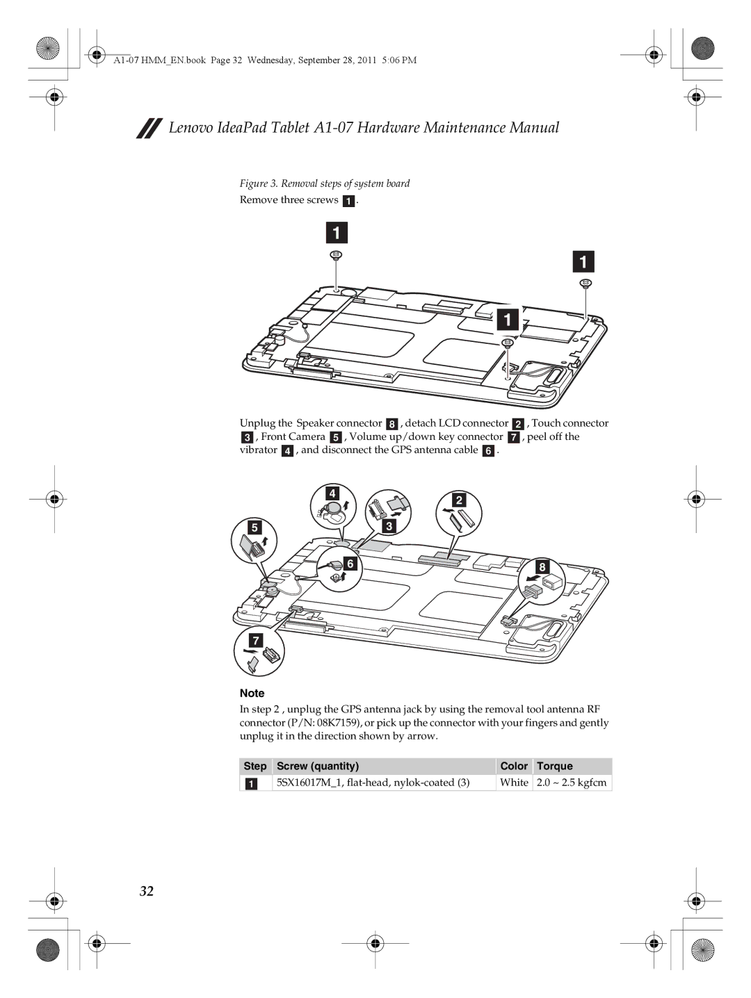 Lenovo A1-07 manual Removal steps of system board 