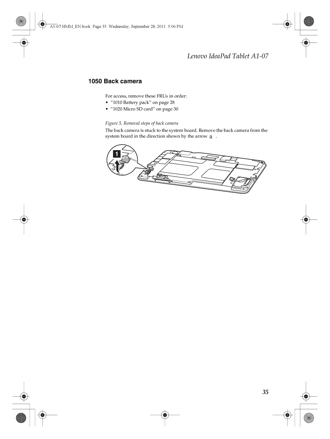 Lenovo A1-07 manual Back camera, Removal steps of back camera 