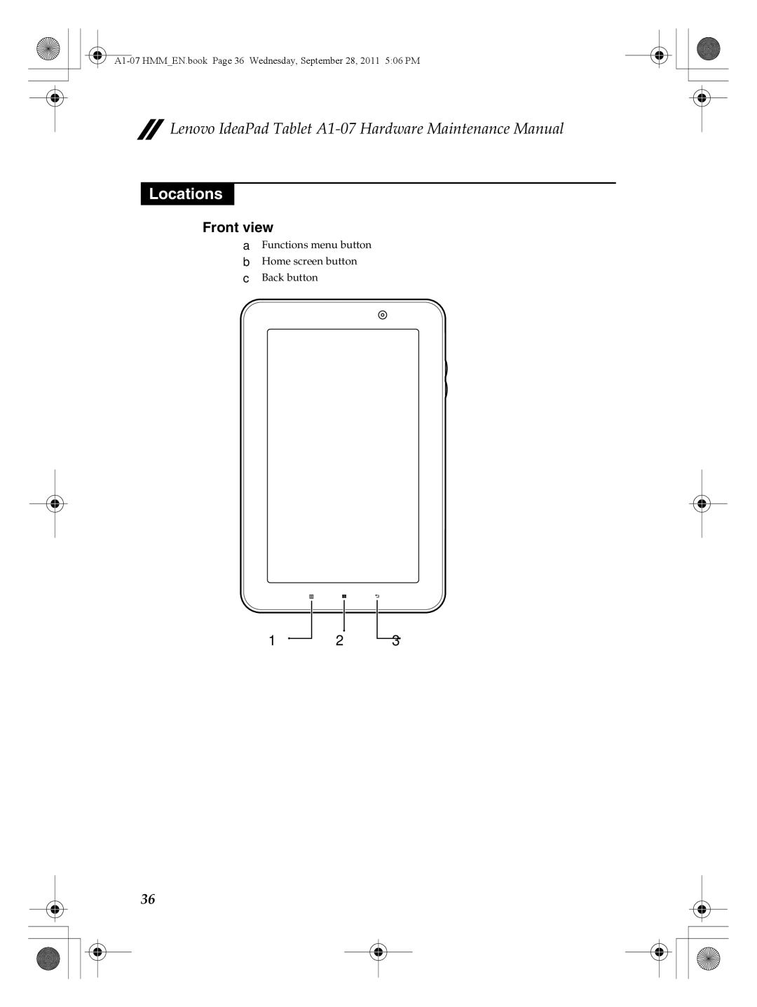 Lenovo A1-07 manual Locations, Front view 