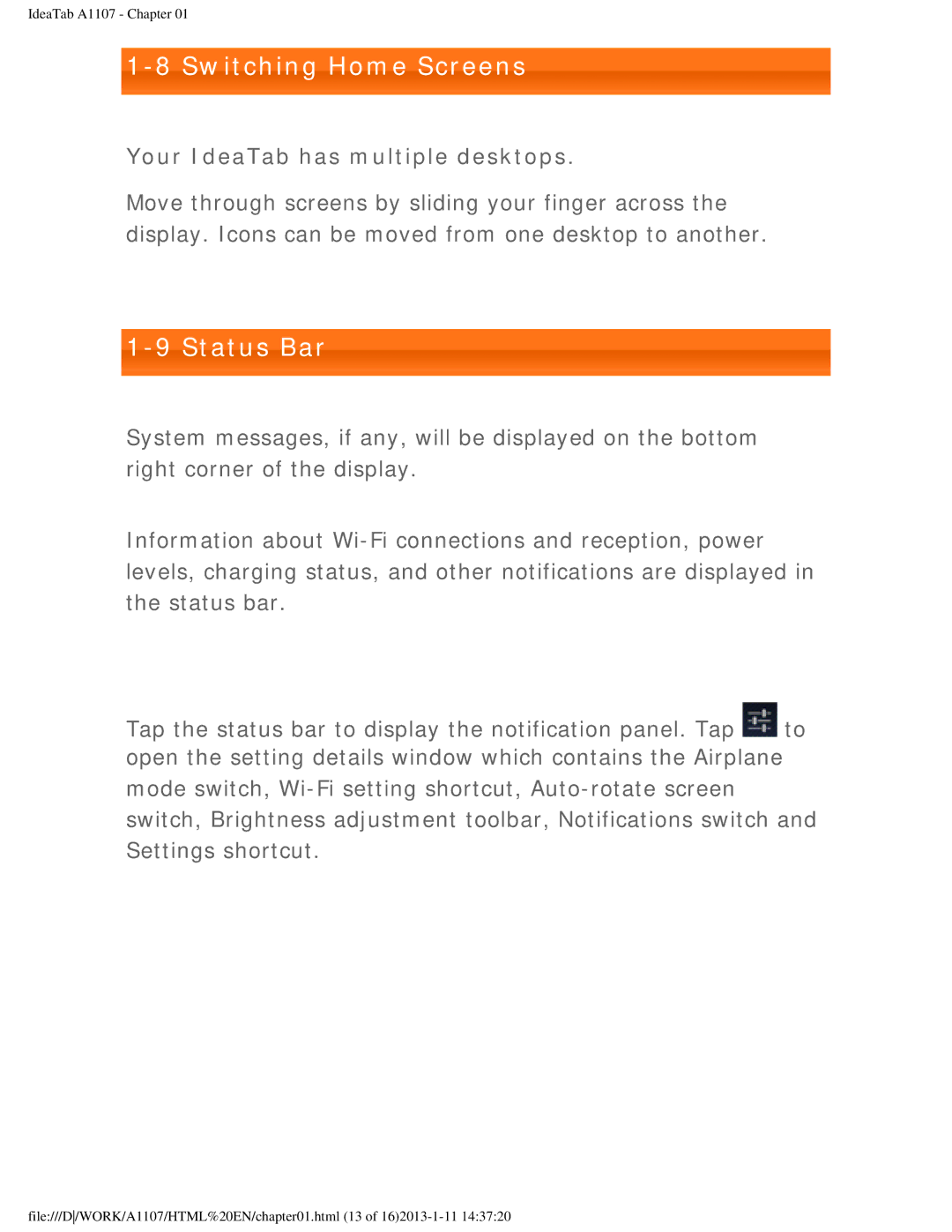Lenovo A1107 manual Switching Home Screens, Status Bar, Your IdeaTab has multiple desktops 