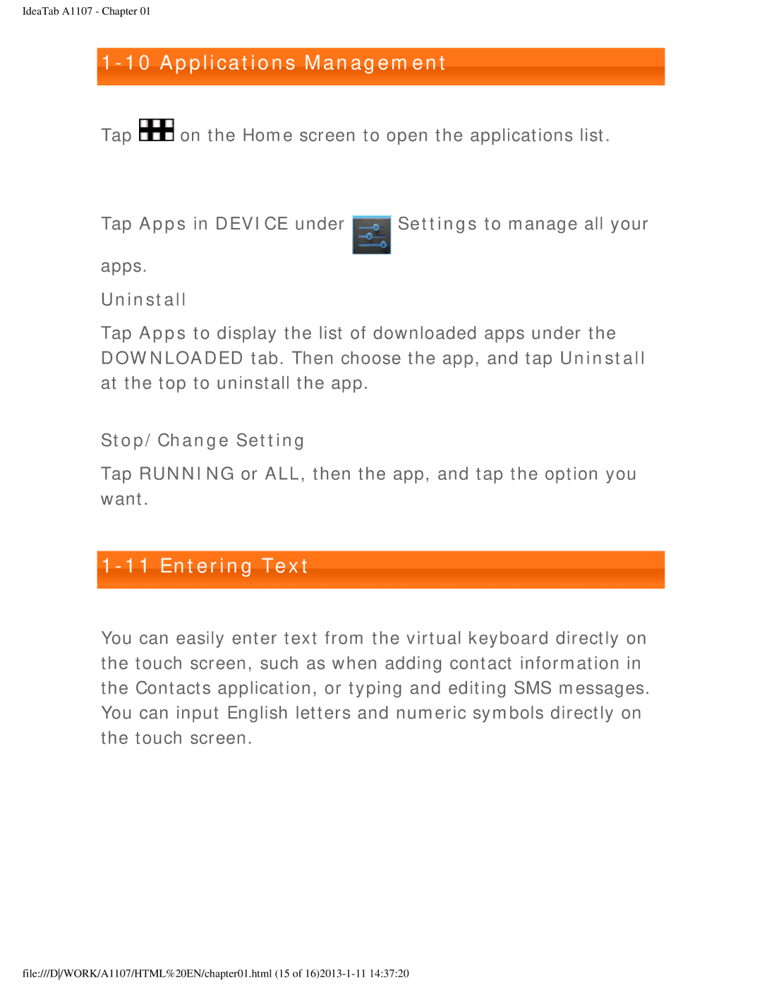 Lenovo A1107 manual Applications Management, Entering Text, Uninstall, Stop/Change Setting 