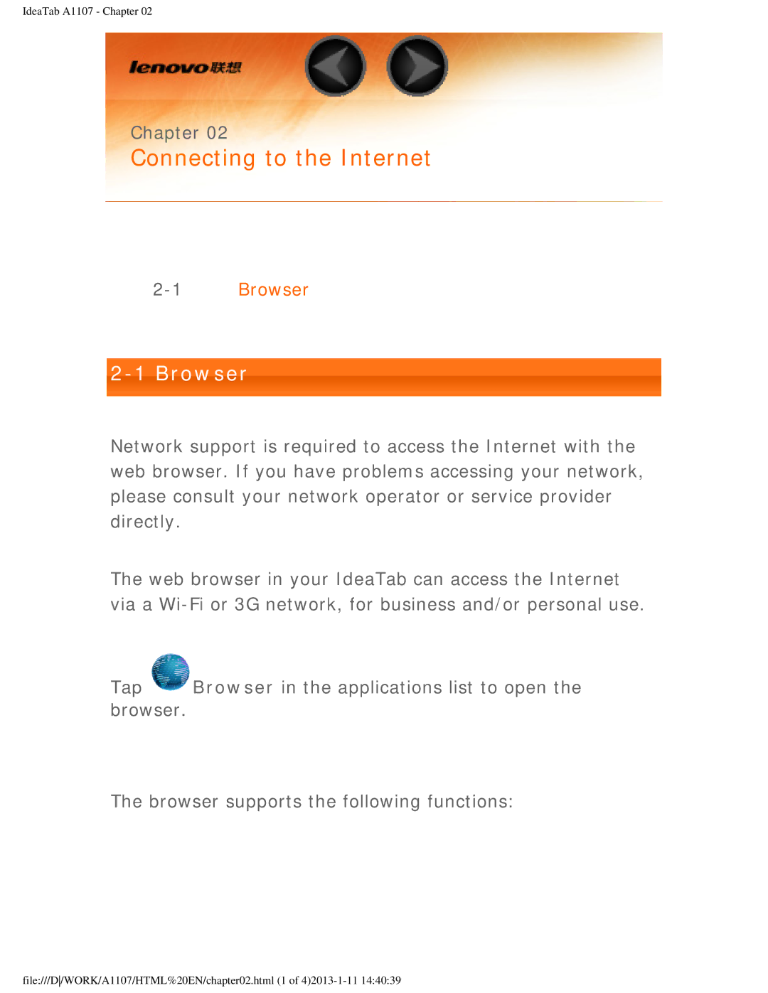 Lenovo A1107 manual Connecting to the Internet, Browser 