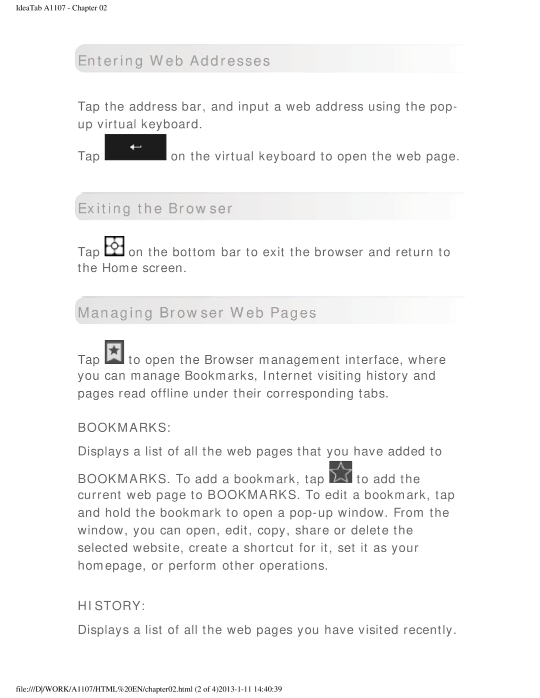 Lenovo A1107 manual Entering Web Addresses, Exiting the Browser, Managing Browser Web Pages 