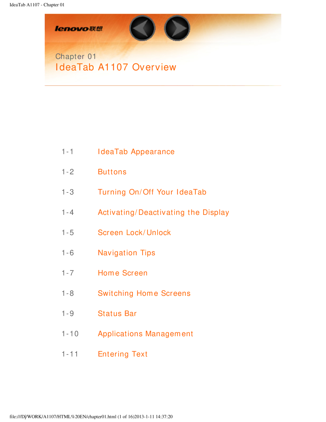 Lenovo manual IdeaTab A1107 Overview, Chapter 