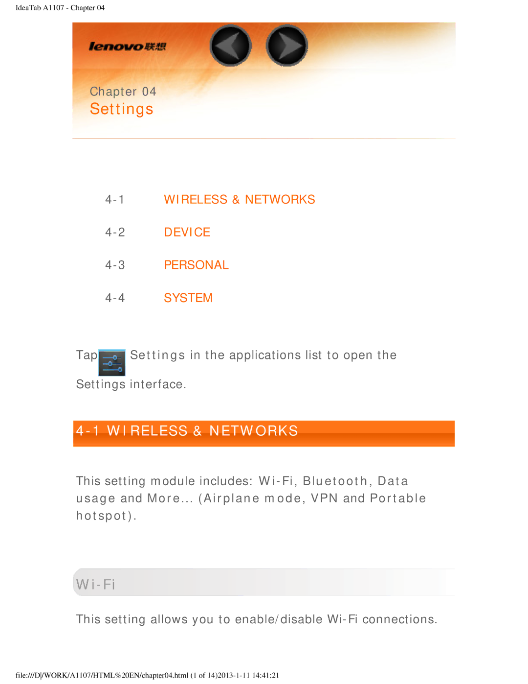 Lenovo A1107 manual This setting allows you to enable/disable Wi-Fi connections 