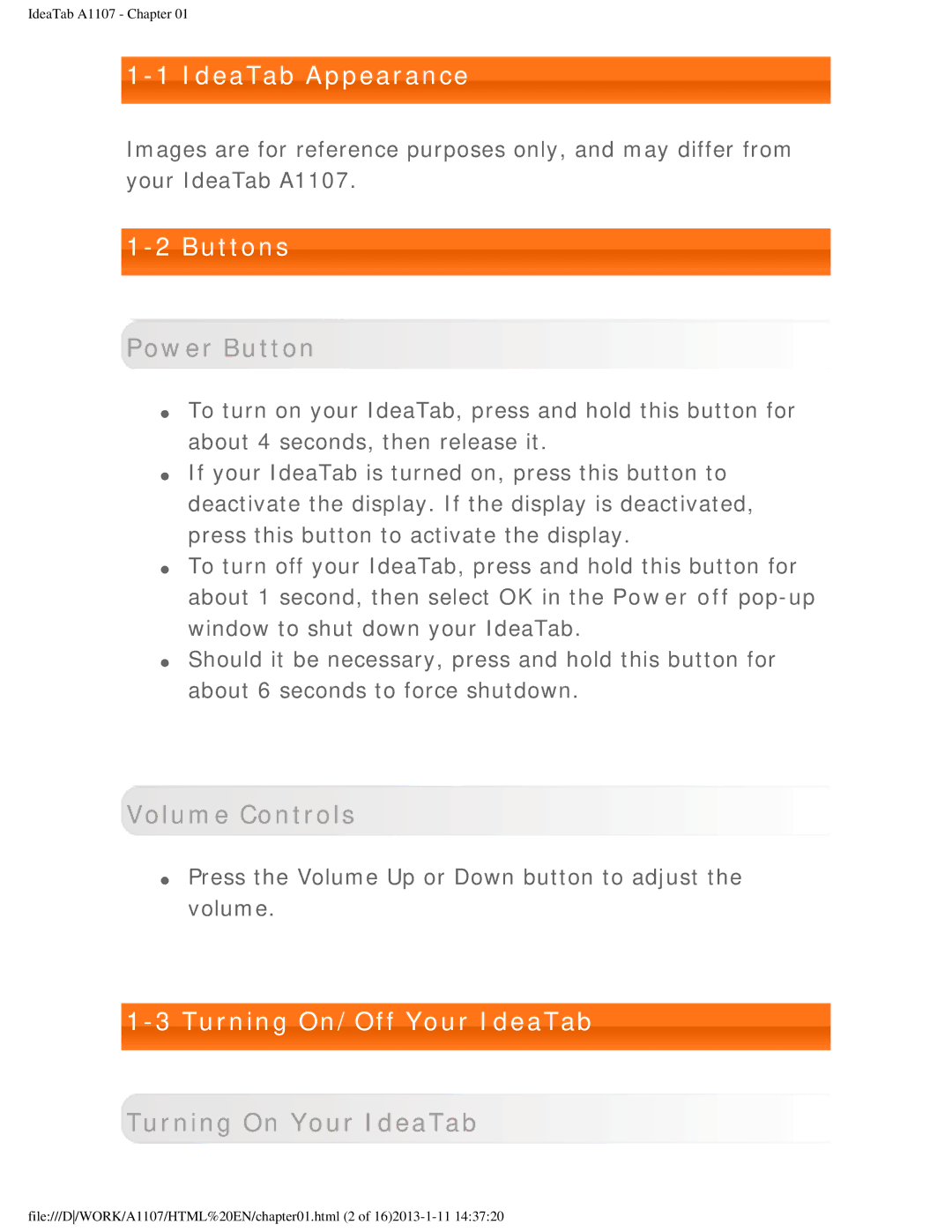 Lenovo A1107 manual IdeaTab Appearance, Buttons, Turning On/Off Your IdeaTab 