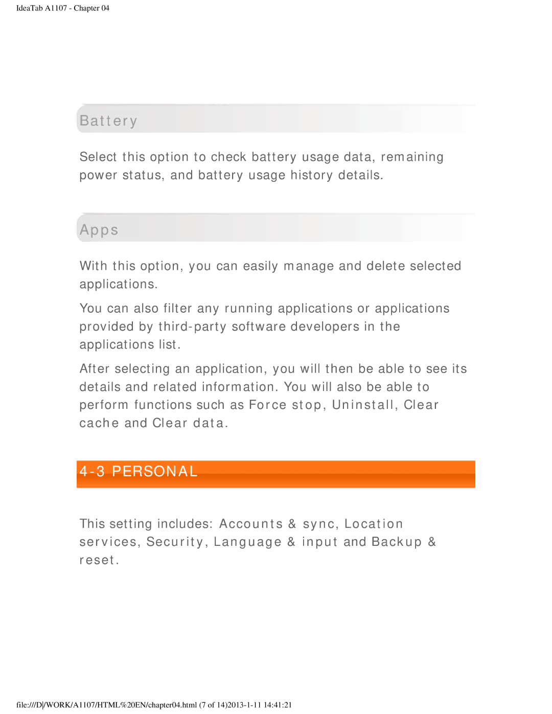 Lenovo A1107 manual Battery, Apps 