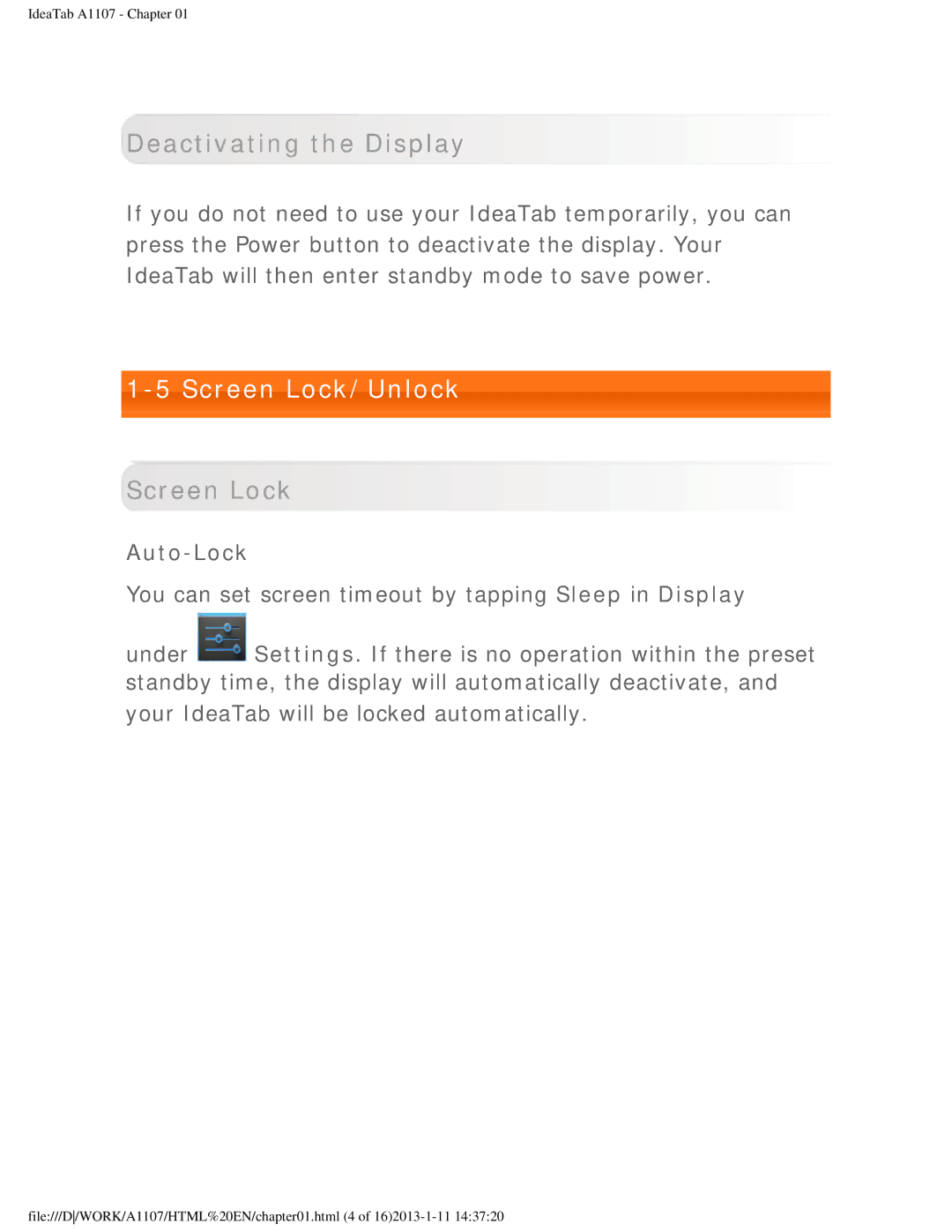 Lenovo A1107 manual Deactivating the Display, Screen Lock/Unlock, Auto-Lock 