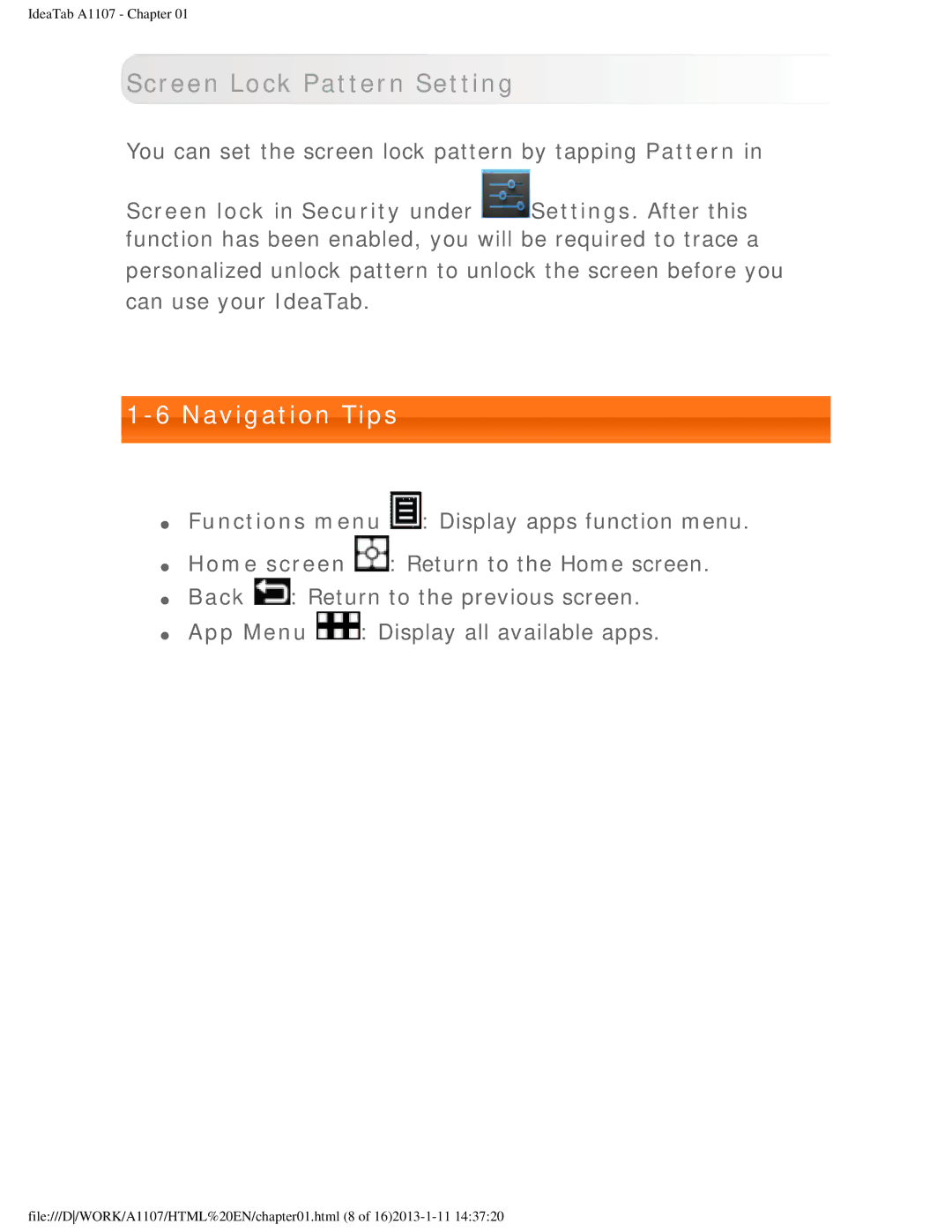 Lenovo A1107 manual Screen Lock Pattern Setting, Navigation Tips, You can set the screen lock pattern by tapping Pattern 