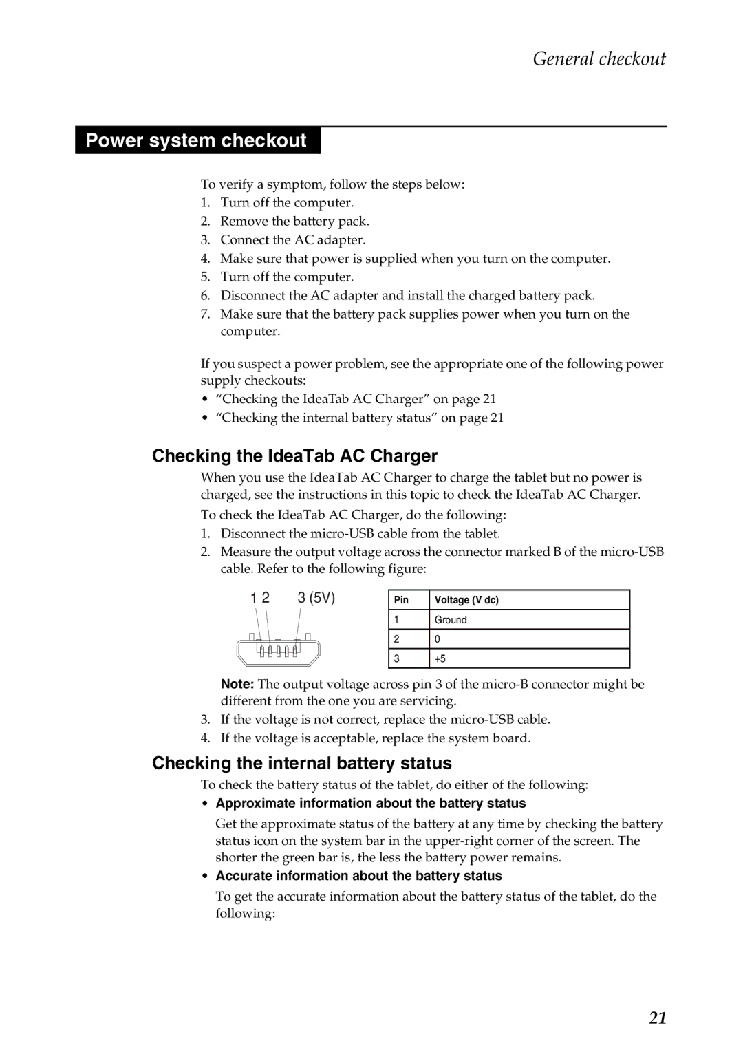 Lenovo A2107A manual Power system checkout, Checking the IdeaTab AC Charger, Checking the internal battery status 