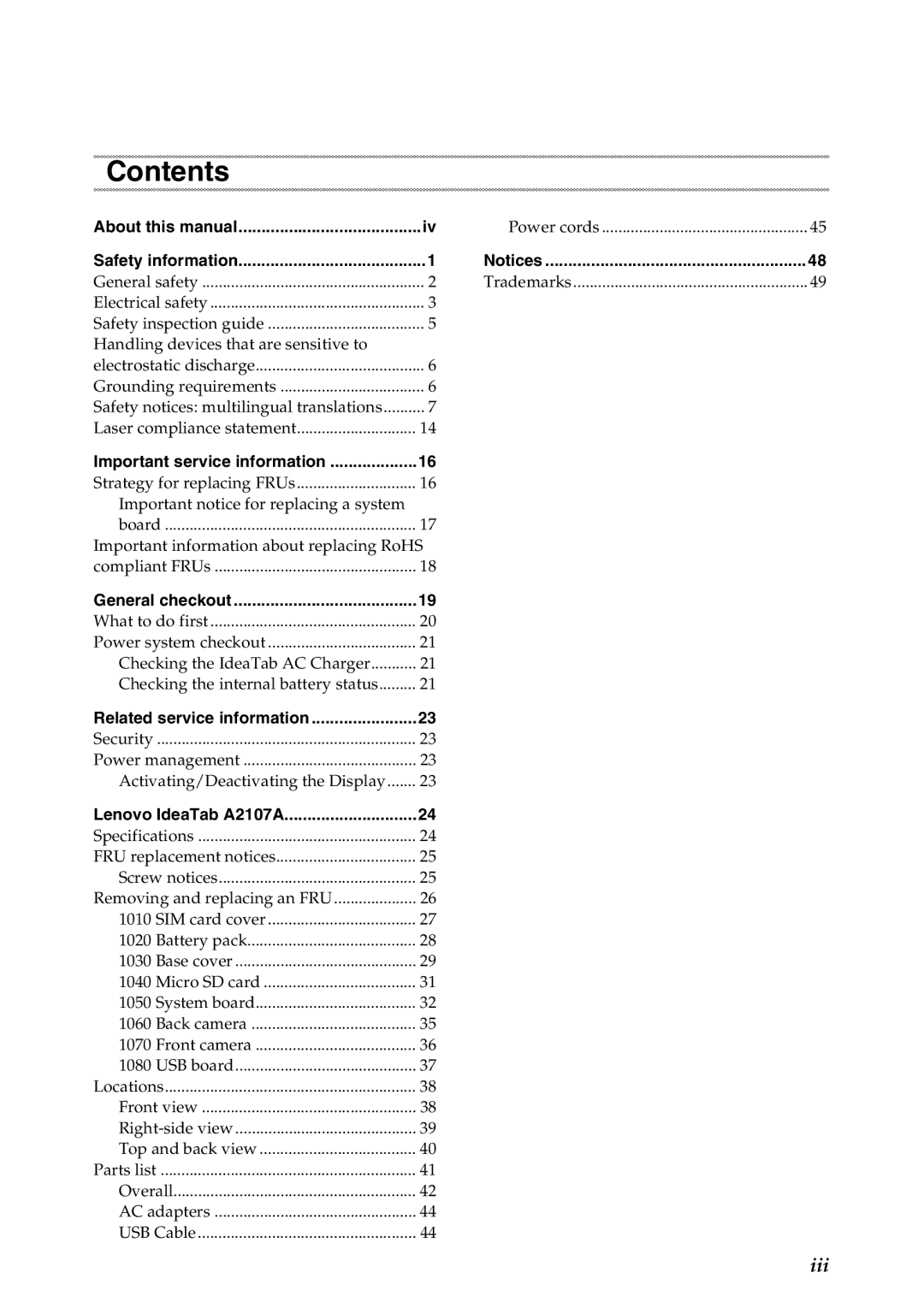 Lenovo A2107A manual Contents 