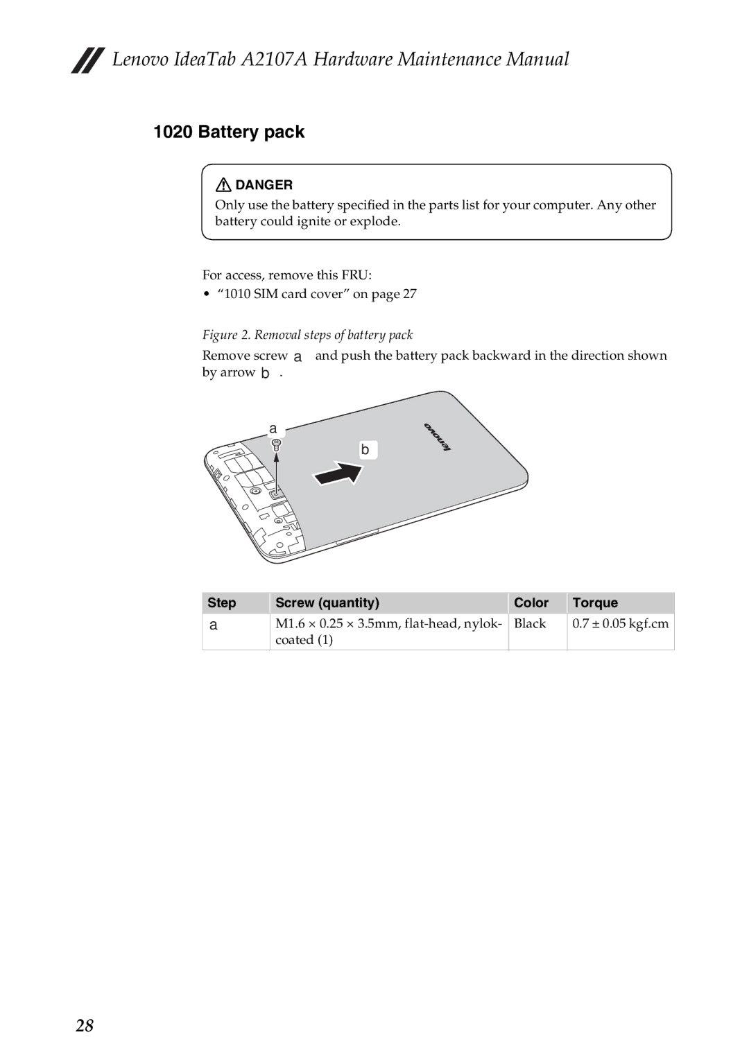 Lenovo A2107A manual Battery pack, Step Screw quantity Color Torque 