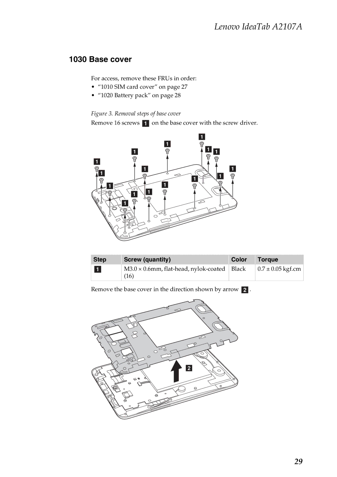 Lenovo A2107A manual Base cover, Removal steps of base cover 