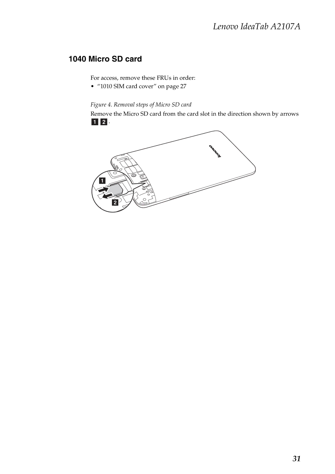 Lenovo A2107A manual Removal steps of Micro SD card 