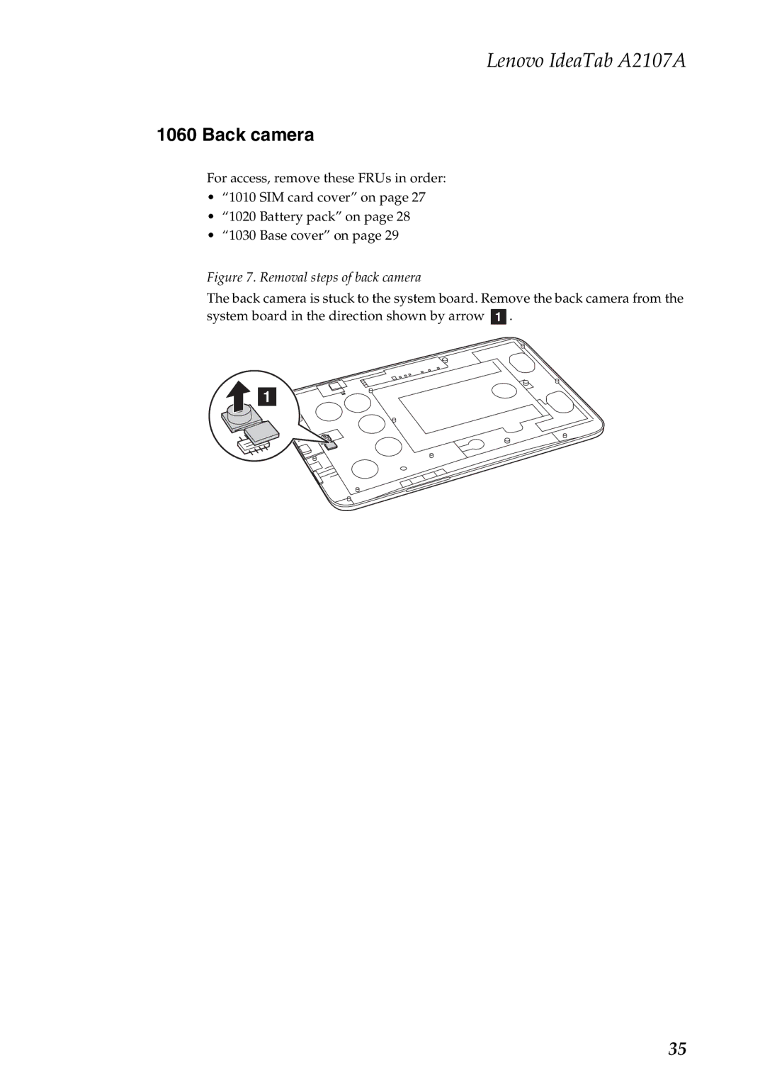 Lenovo A2107A manual Back camera, Removal steps of back camera 