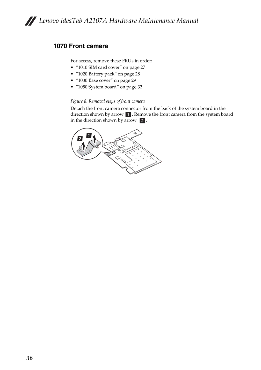 Lenovo A2107A manual Front camera, Removal steps of front camera 