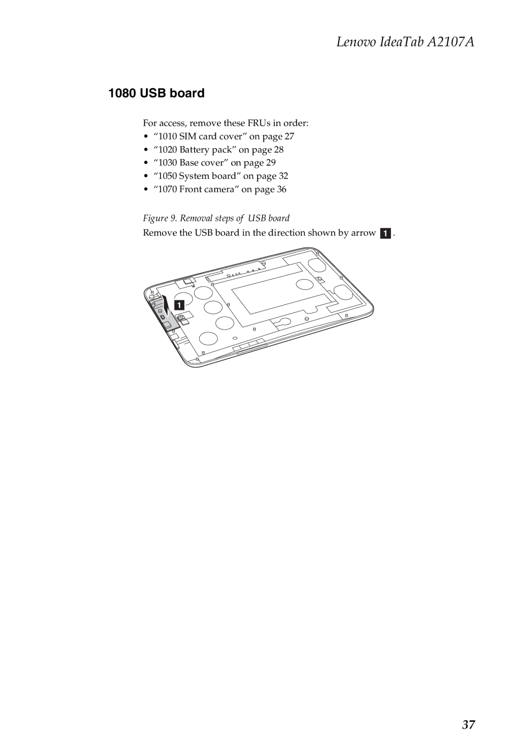 Lenovo A2107A manual Removal steps of USB board 