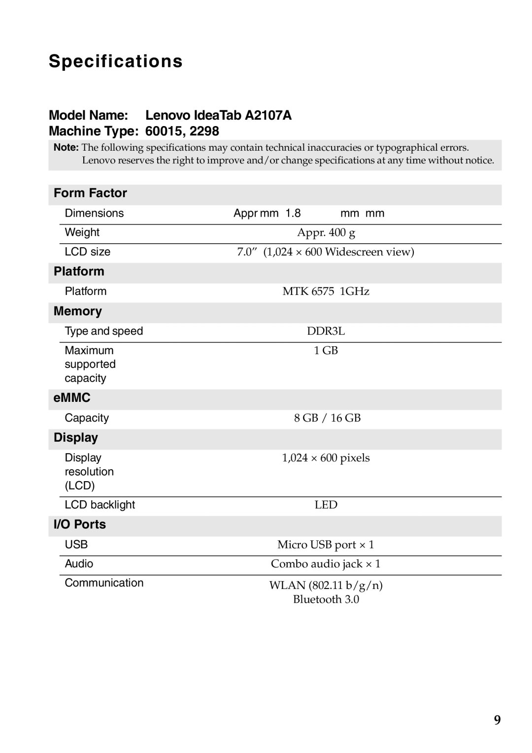 Lenovo A2107A manual Specifications 