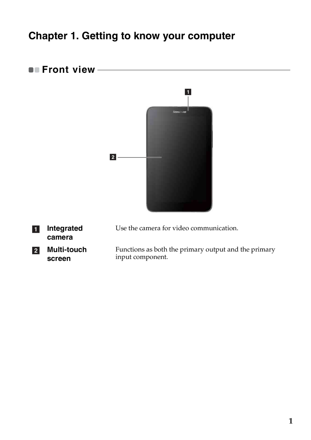 Lenovo A2107A manual Getting to know your computer, Integrated camera Multi-touch screen 