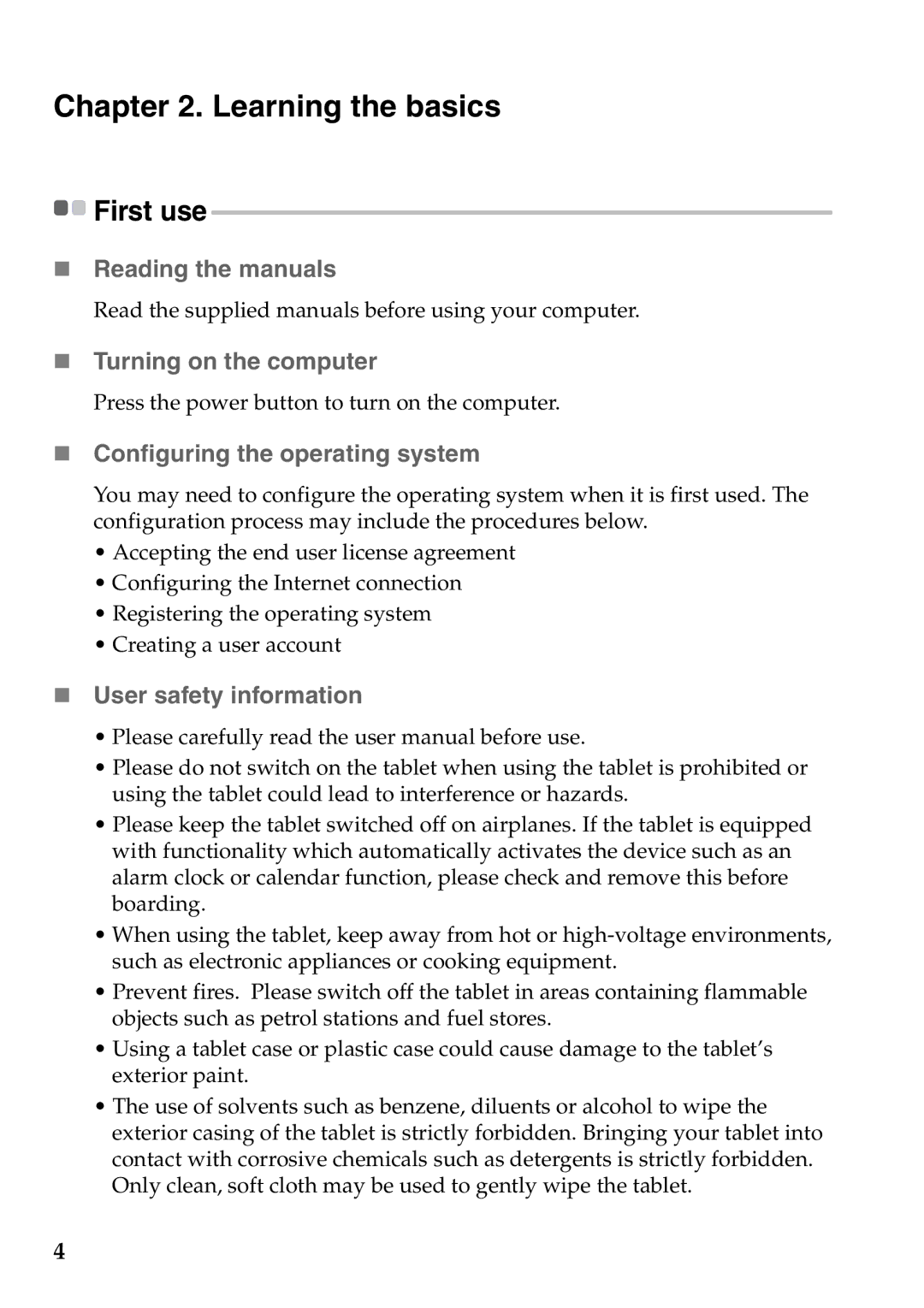 Lenovo A2107A Learning the basics, „ Reading the manuals, „ Turning on the computer, „ Configuring the operating system 