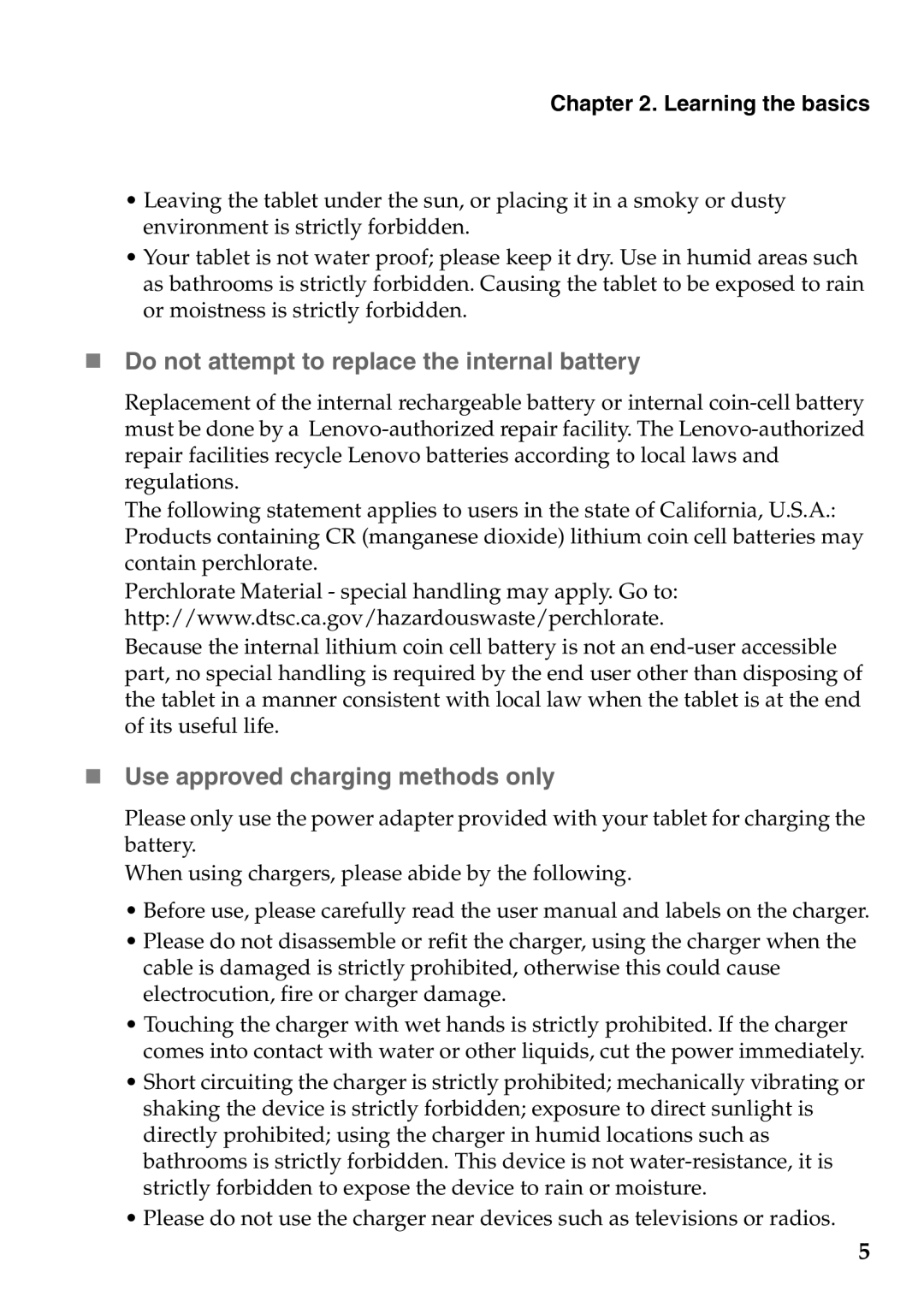 Lenovo A2107A „ Do not attempt to replace the internal battery, „ Use approved charging methods only, Learning the basics 