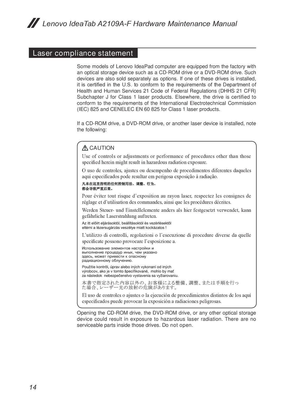 Lenovo A2109, 2290XF2 manual Laser compliance statement 