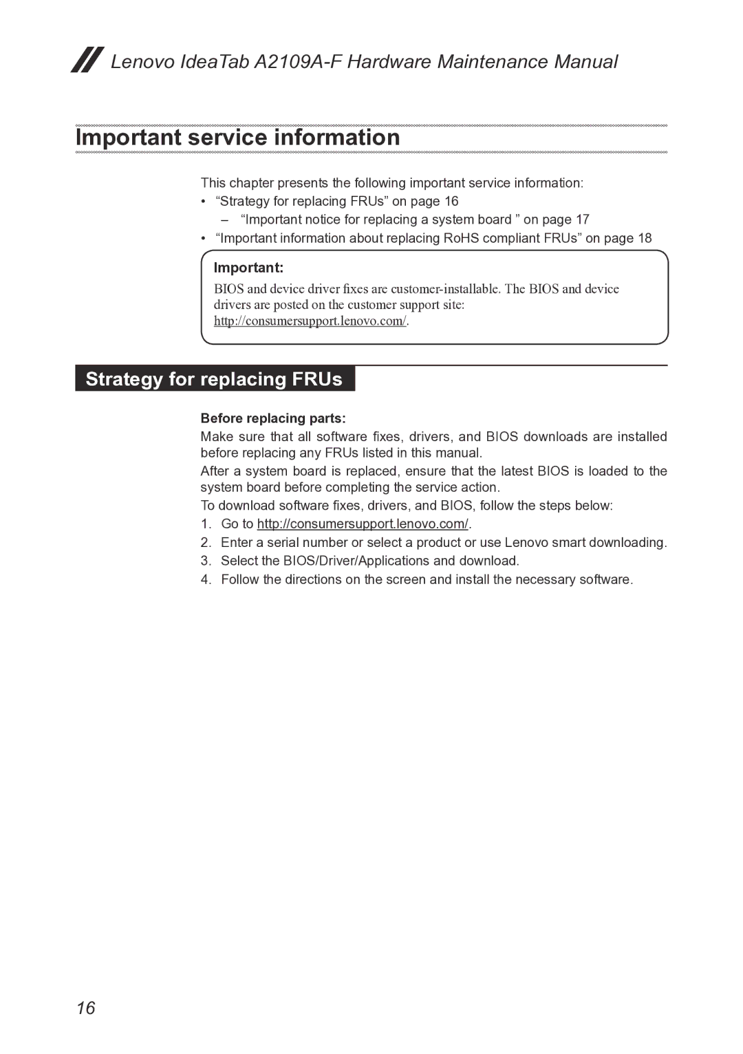 Lenovo A2109, 2290XF2 manual Important service information, Strategy for replacing FRUs 