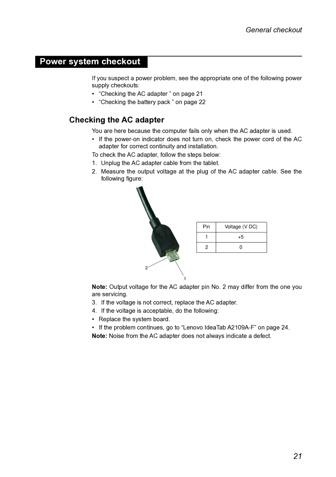 Lenovo 2290XF2, A2109 manual Power system checkout, Checking the AC adapter 