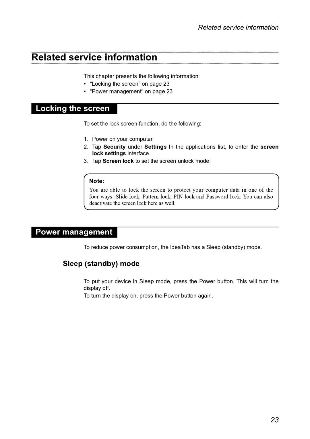 Lenovo 2290XF2, A2109 manual Related service information, Locking the screen, Power management, Sleep standby mode 