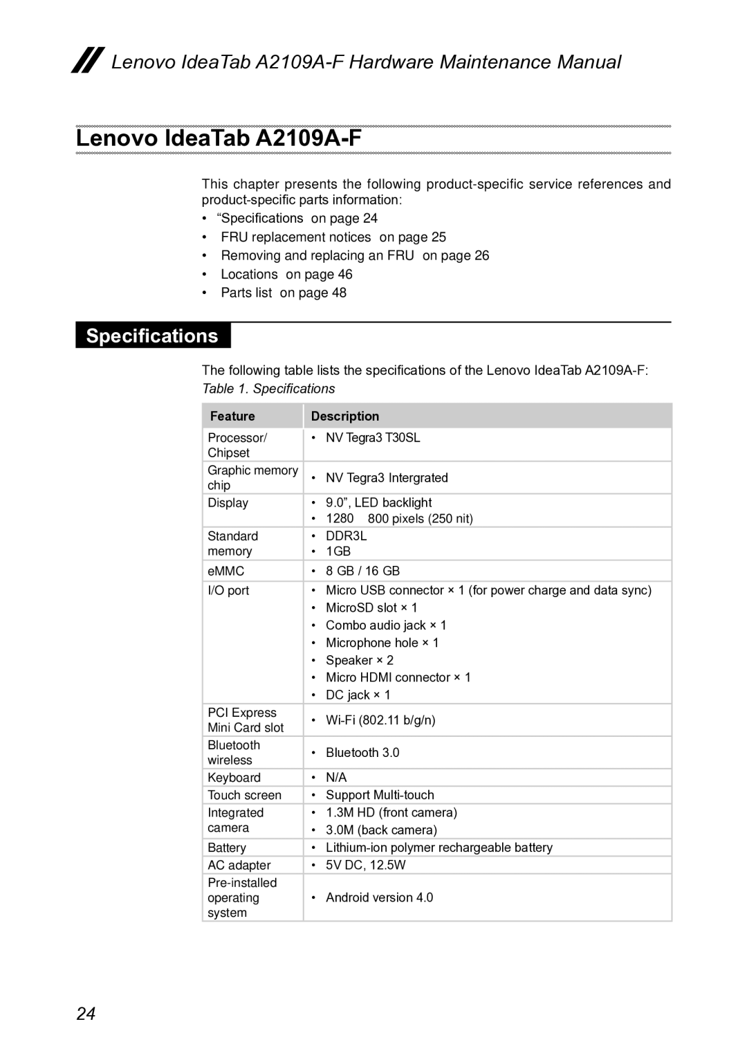 Lenovo 2290XF2 manual Lenovo IdeaTab A2109A-F, Specifications 