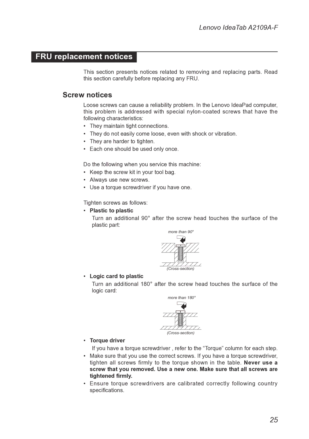 Lenovo 2290XF2, A2109 manual FRU replacement notices, Screw notices 